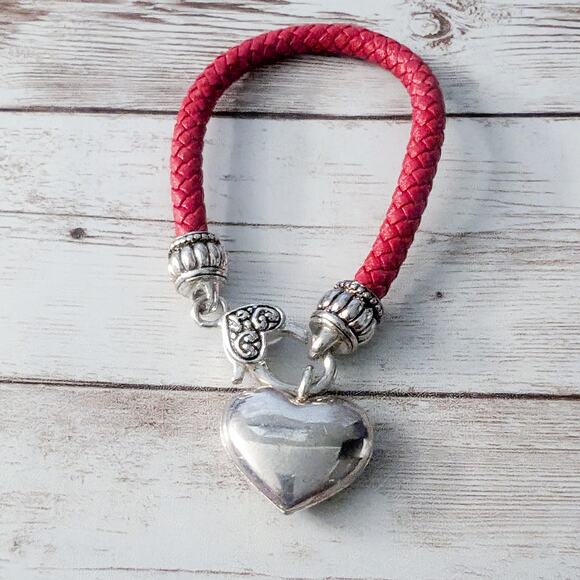 Red Bracelet with Silver Tone Heart Charm - Picture 2 of 4
